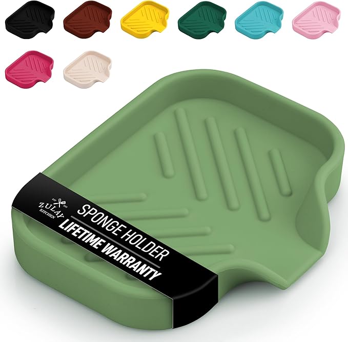 Zulay Kitchen Small Silicone Sponge Holder (4.9x3.3”) – Space-Saving Sink Organizer Tray for Sponge, Soap, Brush & More – Compact Non-Slip Dish for Kitchen & Bathroom (Jade Green)