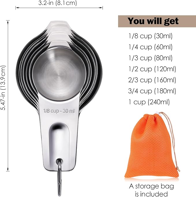 Measuring Cups, AMOHEE 7PCS Stainless Steel Measuring Cups with a Storage Bag for Cooking & Baking, Dishwasher Safe