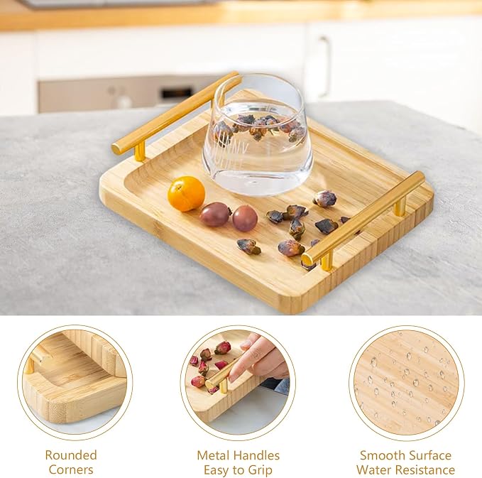12"x8" Bamboo Breakfast Serving Tray with Gold Handles, Decorative Food Tray for Tea, Coffee, Snacks, Parties & Table Use