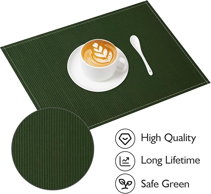 Niviy Dark Green Christmas Placemats Set of 4, 12x18 Inch Washable Easy to Clean Heat-Resistant Anti-Skid Grey Placemats for Holiday Party Kitchen Dining Room Decoration