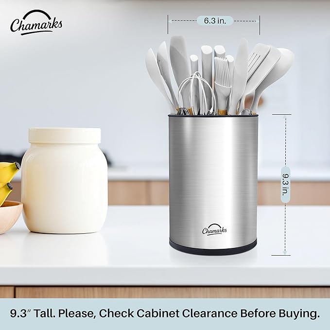 3-in-1 Kitchen Utensil Holder for Countertop with Knife Block and Silverware Caddy. (Silver)