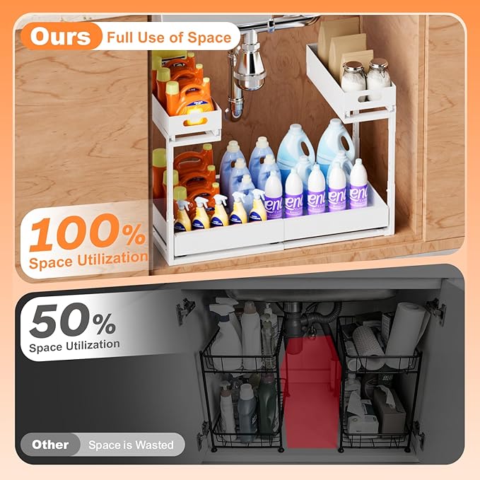 Upgrade 1 Pack Expandable Under Sink Organizers and Storage, 2 Tier Metal Pull Out Cabinet Organizer with 3 Slide Rails, Adjustable Height Slide Out Under Sink Drawers for Kitchen Bathroom Pantry