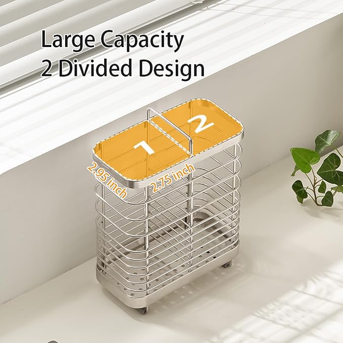 Kitchen Utensil Drying Rack, 18/8 Stainless Steel Chopsticks Spoon Fork Knife Basket Flatware Storage Drainer, Cutlery Holder for Kitchen Counter （6.1x2.95x6.5 inch）