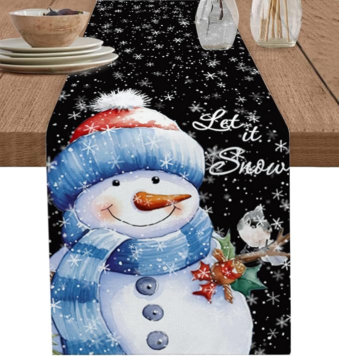 Snowman Christmas Table Runner - 108 Inch Long, Black Xmas Winter Snowflake Dining Table Runner Dresser Scarves, Rustic Let Snow Bird Christmas Decor for Coffee Table Wedding Party Banquet, 13x108 in
