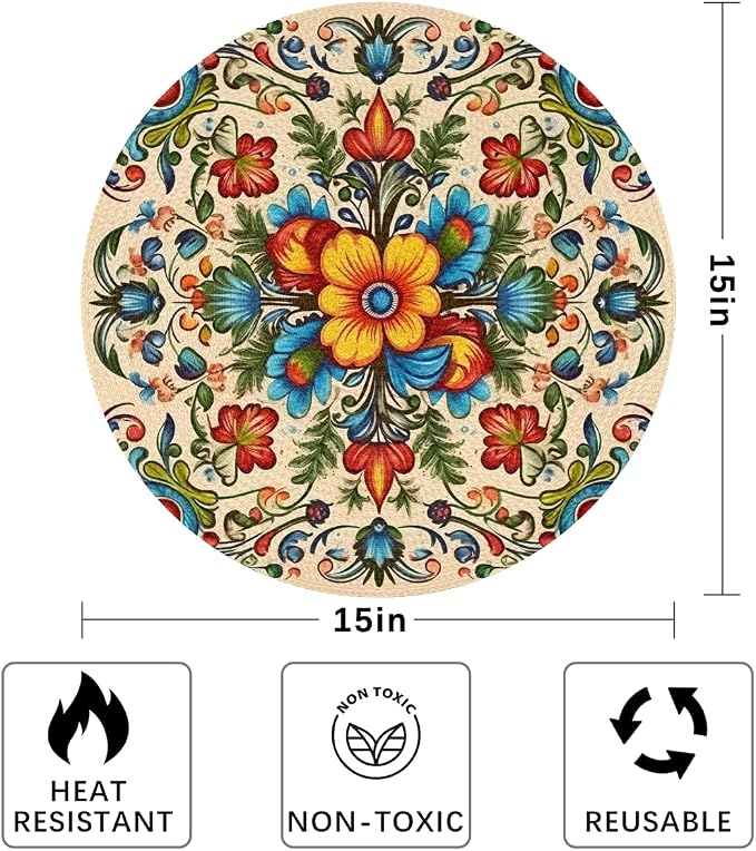 Round Placemats Set of 4, Carpet Pattern Woven Placemats Mats Non-Slip Heat Resistant Washable Table Mats Round Braided Place for Farmhouse Kitchen Dining Party Decor 15in