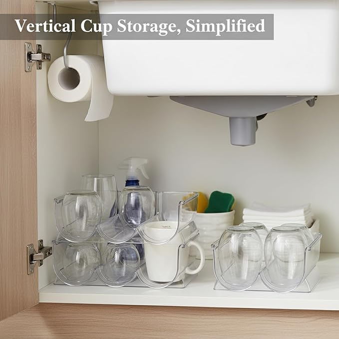 Stackable Cup Organizer Bin, Clear PP Plastic Vertical Storage Container for Kitchen Cabinet and Pantry (1 PC)