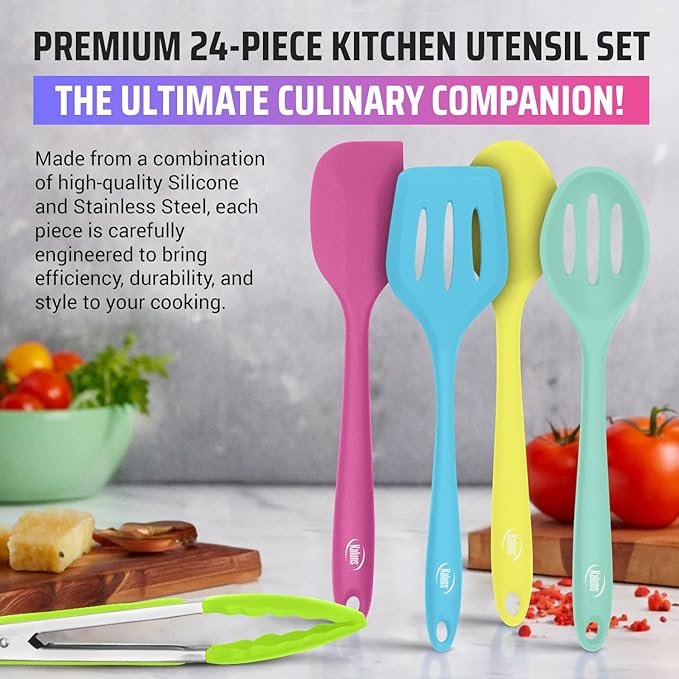 Kaluns 24 Pcs Silicone Cooking Utensils Set - Can Opener, Masher, Turner, Spatula, 446F Heat Resistant, Non-Stick, Premium Silicone & Stainless Steel