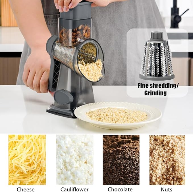 Rotary Cheese Grater Shredder with Handle Handheld Round Mandoline Vegetable Slicer Carrot Shredder Nut Grinder with 3 Replaceable Stainless Steel Drum Blades and Upgrade Strong Suction, Dark Grey