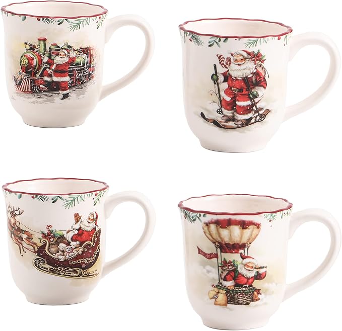 Bico Santa on the Way Ceramic Mug Set of 4, Christmas Coffee Mugs, 16oz Holiday Cups for Tea, Cocoa, or Hot Drinks, Microwave & Dishwasher Safe