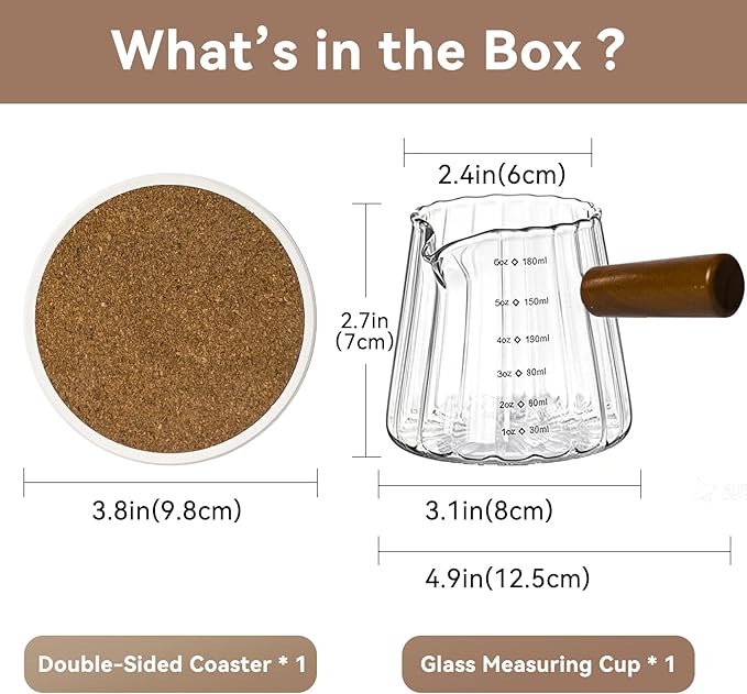 Glass Measuring Cup 6OZ, Espresso Accessories, Expresso Shots Cup, Espresso Shot Glass with V-Shaped Mouth, Ribbed Milk Frothing Pitcher, coffee Espresso Cup(Wooden Handle)