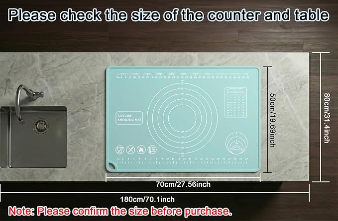 Silicone Pastry Mat 28" x 20" Extra Thick Silicone Baking Mat with Measurements and Edge Heightening Non-stick Food Grade Dough Rolling Mat Kneading Sheet for Pastry, Bread, Cookies (Mint Green)
