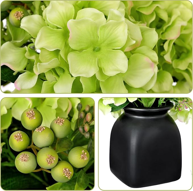 Briful Artificial Green Hydrangea Arrangement in Matte Black Vase, Faux Floral Centerpiece with Green Berry, Modern Farmhouse Table Decor for Dining Room, Entryway, Living Room, Kitchen Coffee Office