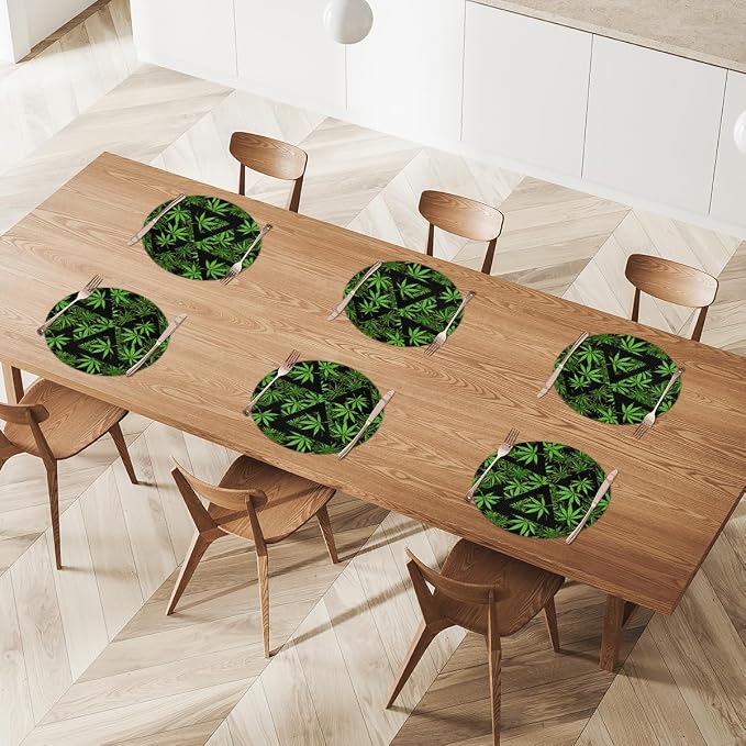 Round Placemats Set of 4, Green Marijuana Leaves Triangle Woven Placemats Mats Non-Slip Heat Resistant Washable Table Mats Round Braided Place for Farmhouse Kitchen Dining Party Decor 15in
