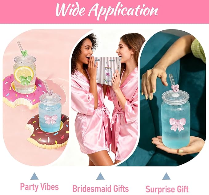Aesthetic 3D Pink Bow Glass Cup with Plastic Lid & Straw,16OZ Bows Glass Coffee Cups,Bow Tumbler for Iced Matcha, with１Cleaning Brush, Girly Preppy Stuff/Glassware Birthday Valentine's day Gifts