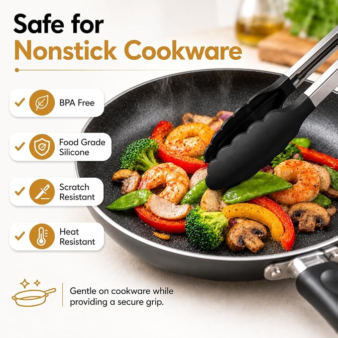 Kitchen Tongs Set, 3 Pack(7+9+12") Cooking Tongs with Locking Mechanism, Stainless Steel Body Food Tongs with Silicone Tips Tong for Cooking, Serving, Air Frying, Nonstick Cookware Safe