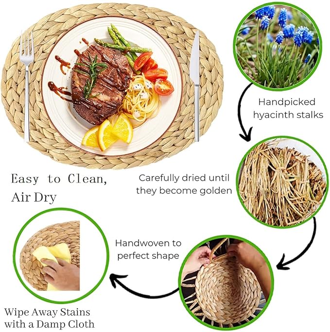 Oval Woven Placemats, Natural Water Hyacinth Placemats Set of 4, Straw Braided Rattan Placemats, 12x16 Inches Plate Chargers Set, Non-Slip Heat Resistant Woven Chargers for Dining Table