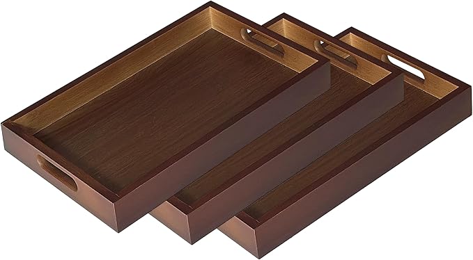 3 Pack Serving Tray with Handles - 11.4" Bamboo Tray | Multi-Purpose Tray for Kitchen, Coffee Table & Ottoman - Decorative & Food Tray for Organizing, Serving and Entertaining