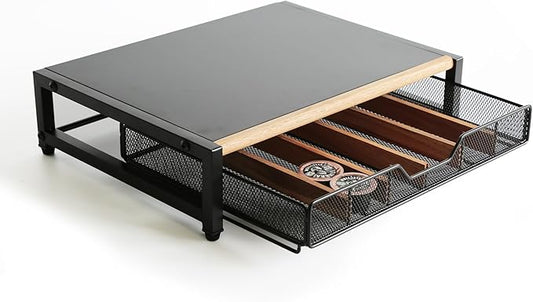WILDMOS Coffee Pod Drawer,Coffee Station Organizer for Coffee Pod Storage,Movable Solid Wood Partition Board, Counter Coffee Bar Accessories for Nespresso Pods,Cream, Spoon, Sugar（Black)