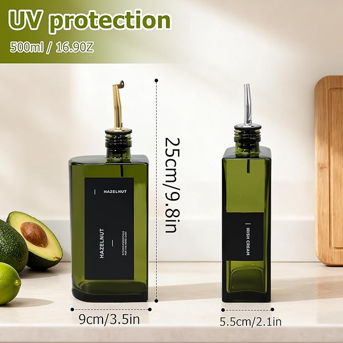R DRURLCD 2 Pack UV-Protected Green Glass Olive Oil Dispenser Bottle Set,17 oz/500ml Curved Oil and Vinegar Stainless Steel Pourers,Funnel,Labels, Soy Sauce, Coffee Syrup Bottles for Kitchen