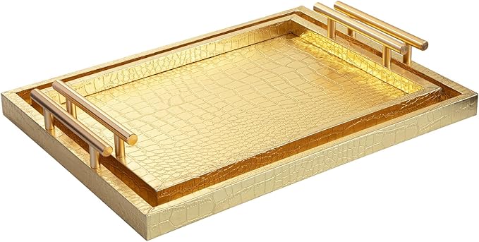 Modern Elegant Large Wood Serving Tray, Set of 2 Gold Crocodile Leather with Gold Polished Metal Handles, Home Decorative Rectangle Ottoman Decor Platter Living Room Bathroom Vanity Tray