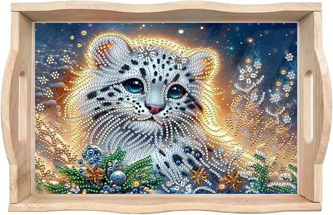 DIY Diamond Serving Tray with Handle Handmade Diamond Art Painting Wooden Rectangular Breakfast Tray for Dinner Plate Coffee Room Living Home Organizer-Tiger