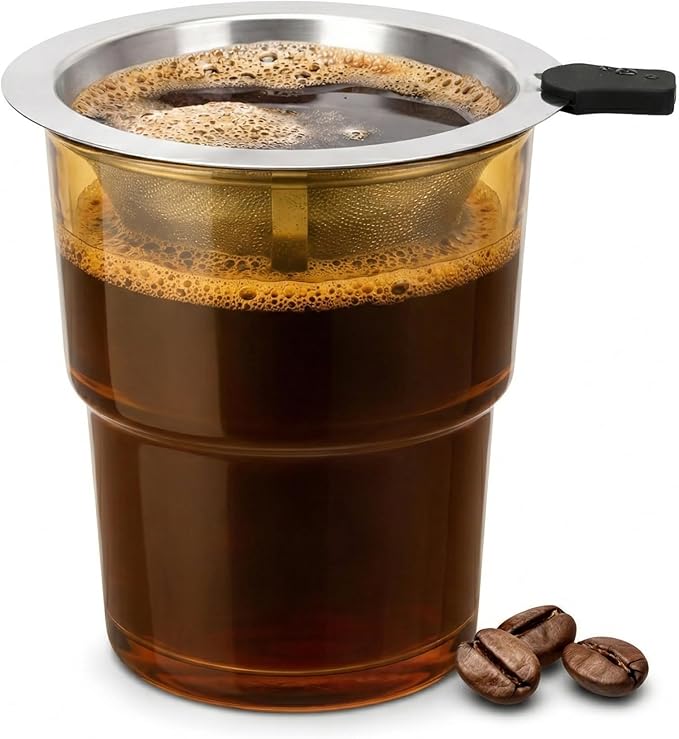 Single Serve Immersion Coffee Maker, Glass Pour Over Coffee Dripper with Reusable Stainless Steel Filter, Manual Coffee Brewer Cup for Home Office Travel-A
