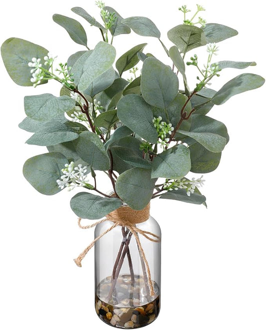 15.74” Artificial Eucalyptus Stems in Glass Vase with Faux Water & Natural Stones, Lifelike Fake Greenery for Modern Farmhouse Home Decor, Bathroom Decor, Office Desk Centerpiece