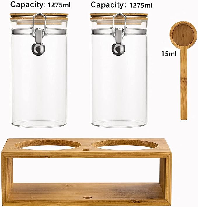 Yangbaga Ground Coffee Storage Container with Shelf, 2×45OZ Glass Coffee and Sugar Container Set, Coffee Canisters with Airtight Lids and Scoop, Food Storage Jars for Kitchen,Nuts,Tea,Sugar