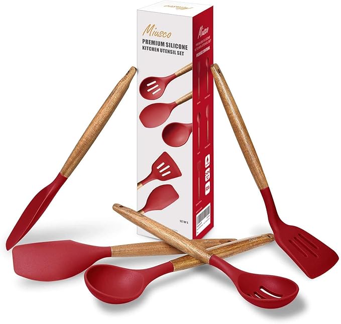 Kitchen Utensils Set, Silicone Cooking Utensils Set,Non-Stick Silicone Spatula Set with Natural Acacia Hard Wood Handle, 5 Piece, Upgraded Thickened Cookware