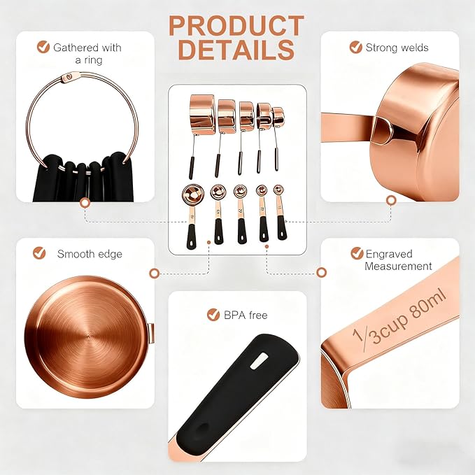 Bopei Measuring Cups and Spoons Set, Rose Gold Plated Stainless Steel 10 Piece for Cooking and Baking (5 Cups + 5 Spoons RoseGold)