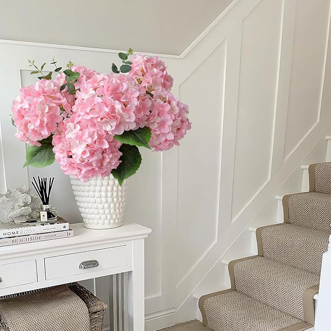 JINWOE Light Pink Flowers Silk Artificial Hydrangeas, 5Pcs 20Inch Lifelike Large Flowers with Stems, Full Artificial Flowers for Wedding Bouquet Table Centerpieces Spring Home