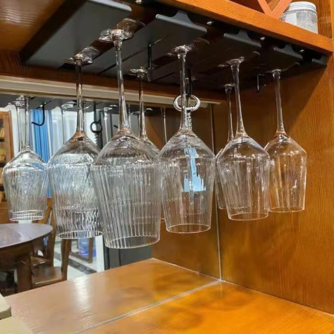 V3VOGUE Hanging Wine Glasses Holder Under Cabinet, 2/3/4/5/6 Rows Black Metal Wine Glasses Hanger, Glass Storage Rack Organiser for Cupboard Kitchen Bar (Size : 4 Row)