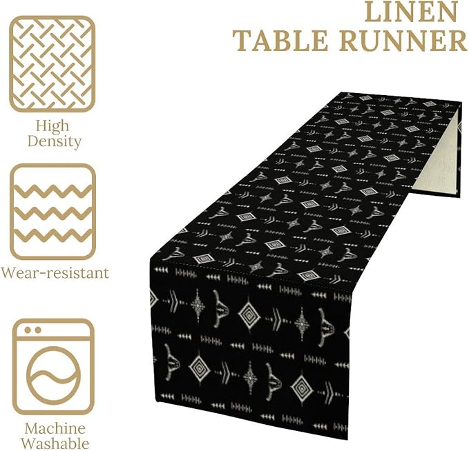 Aztec Table Runner, Vintage Rustic Minimalist White American Western Navajo Primitive Nation Tribal Star Cow's Head Table Decor Table Top Dining Kitchen Wedding Party 13x60 in