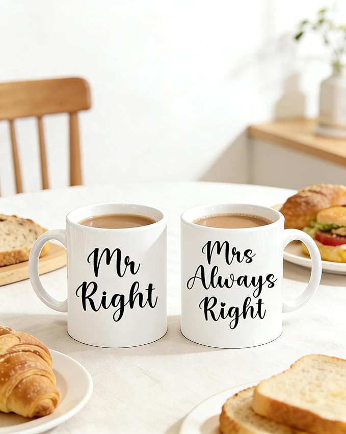 Mr Right Mrs Always Right Coffee Mug Set, Gifts Ideas for Couples, Wedding Anniversary, Engagement, His & Hers, Bride and Groom, Parents, Newlyweds Bridal Shower, 11Oz Ceramic