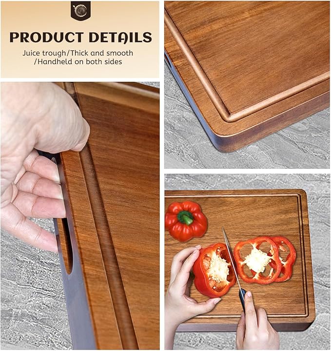 Large Acacia Wood Cutting Board for Kitchen, 17x12 Inch Reversible Wooden Chopping Board Charcuterie Board with Juice Grooves and Handle for Meat, Cheese, Vegetables, Fruits, Bread