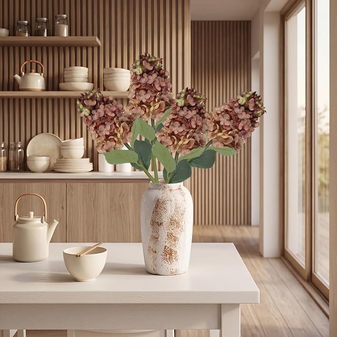 Faux Silk Fall Flowers 4PCS Hydrangea Artificial Flowers That Look Like Real Dried Hydrangeas 24” Sing Long Stem Fake Flowers for Wedding Bouquet Home Party Table Floral Arrangement Decor (Brown)
