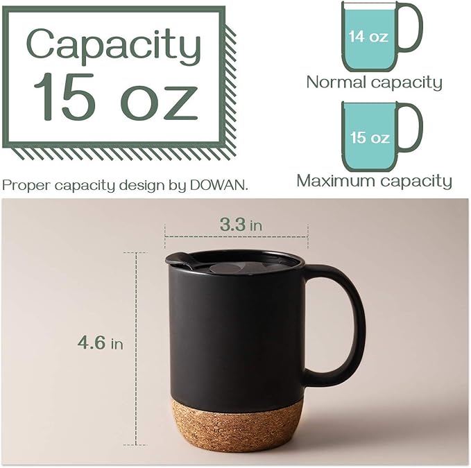 DOWAN Coffee Mugs Set of 2, 15 OZ Coffee Cup with Cork Bottom and Splash Proof Lid, Ceramic Mug Set with Large Handle for Men, Women, for Coffee Tea Latte, Matte Black