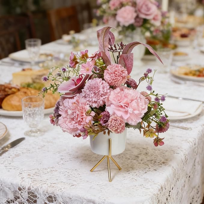 Artificial Pink Carnation and Orchid Flower Arrangement in White Ceramic Vase with Gold Stand (Pink)
