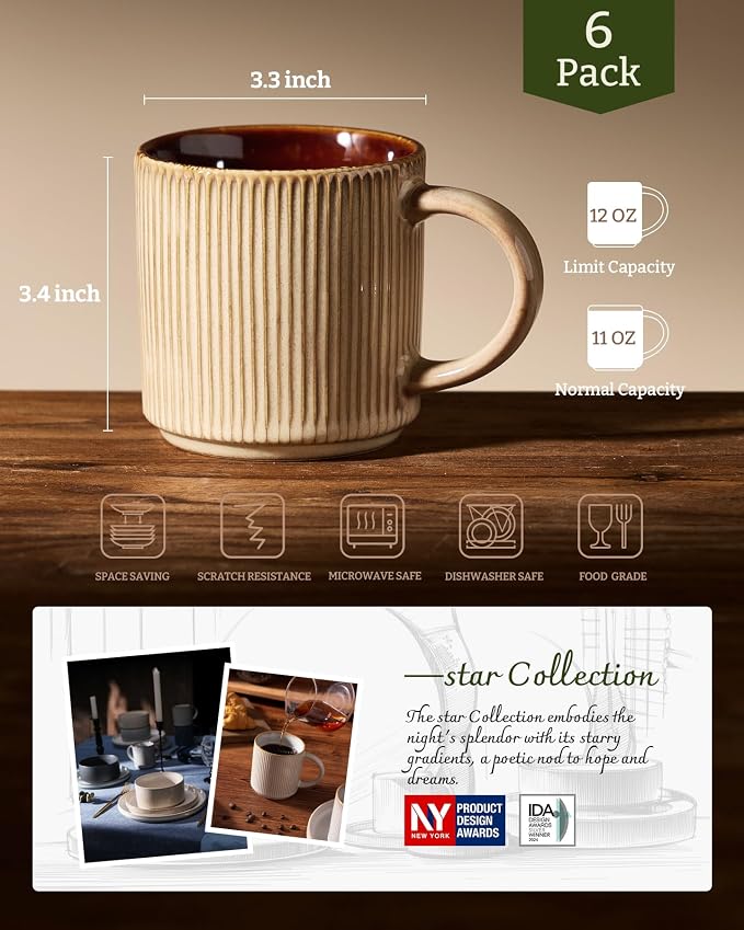 famiware Coffee Mug Set for 6, Star 12 oz Catering Mugs Cup Set with Handle for Coffee, Tea, Cocoa, Milk - Ceramic Stoneware Drinkware Set, Cream Cocoa
