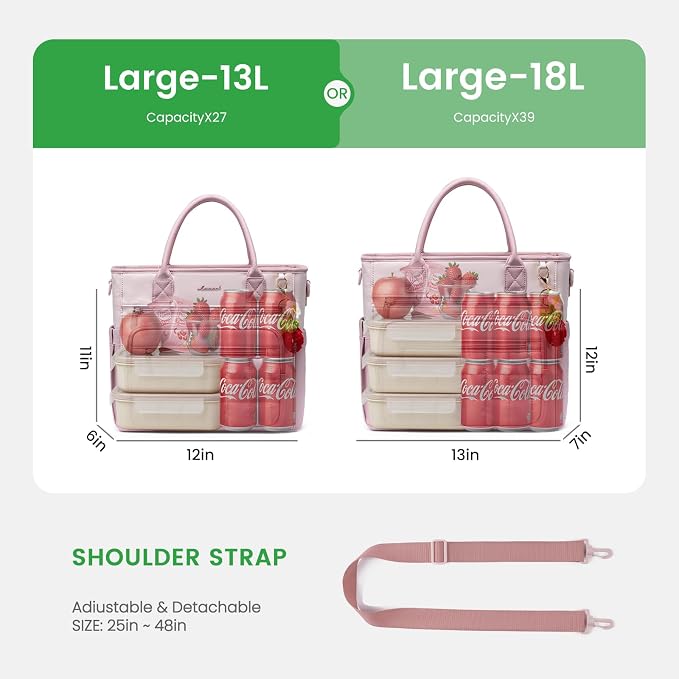 LOVEVOOK Insulated Lunch Bag Women,Puffer Adult Lunch Box for Women with Handmade Strawberry Charm,Wide Opening Leakproof Cooler Bag with Cup Holder for Work Picnic Beach Family College Mom Teacher