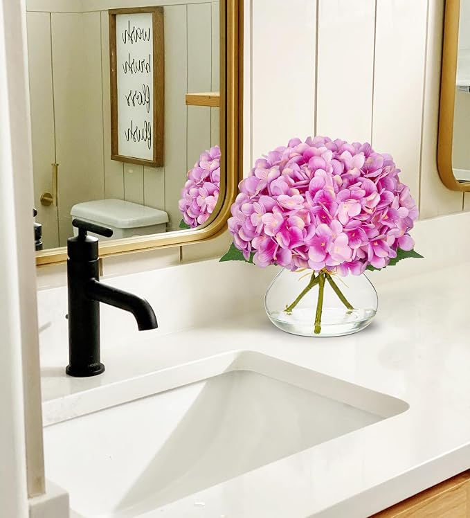 Hollyone Hydrangea Artificial Flowers with Glass Vase Purplish Pink Silk Faux Flowers Arrangements in Vase with Faux Water Fake Floral Bulk Bouquet for Home Decor Table Centerpiece Decorations