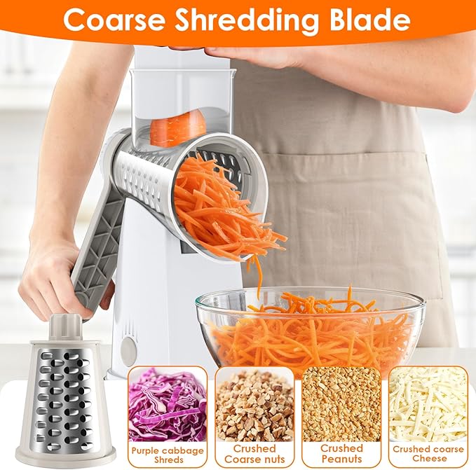 MealHelper 5 Blade Rotary Cheese Grater and Vegetable Chopper with Storage Box and Hand Crank, Compact Shredder for Cheeses, Veggies, Nuts - Easy to Use, Non-slip Suction Base,White