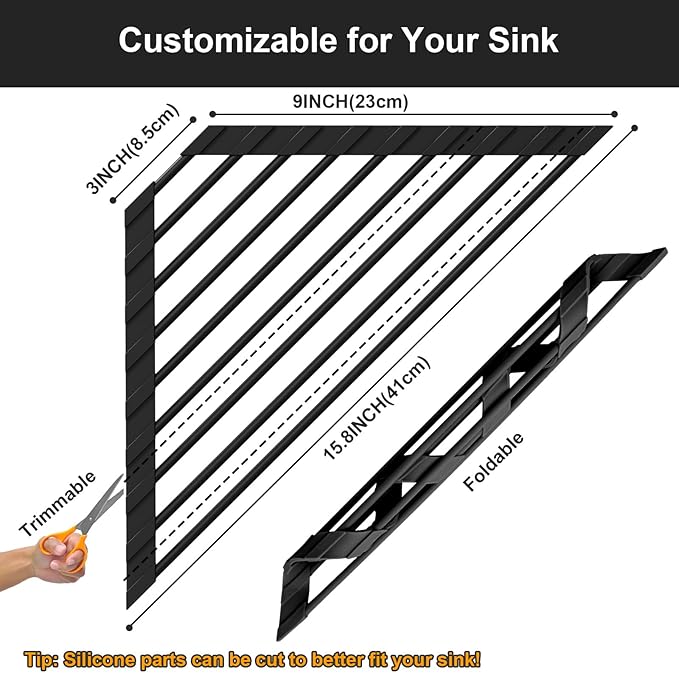 HANZENMA Triangular Sink Rack, Multi-Functional Rack Above the countertop, Foldable Sink Drying mat, Heat-Resistant, Non-Slip, and Rust-Proof Dish Rack (Black)