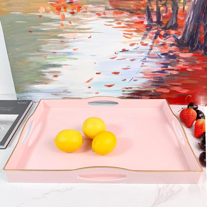 Pink Serving Tray with 4 Handles, Plastic Decorative Tray for Coffee Table, Ottoman - Ideal for Living Room & Bathroom. 15” x 11” x 1.9”