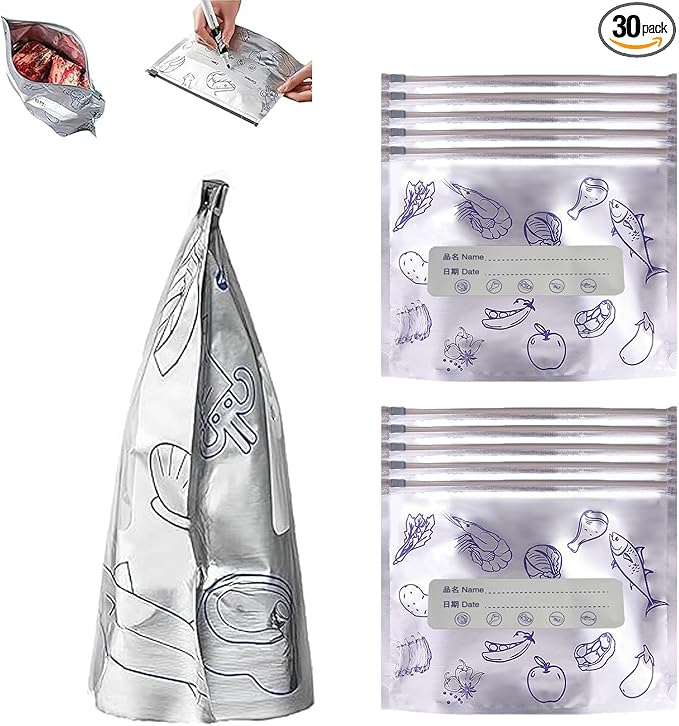 Reusable Aluminum Foil Storage Bags, 30 Count - Thick, Leak-Proof Stand-Up Bags with Resealable Zipper for Food Storage & Organization | Freezer, Pantry & Meal Prep (Small)
