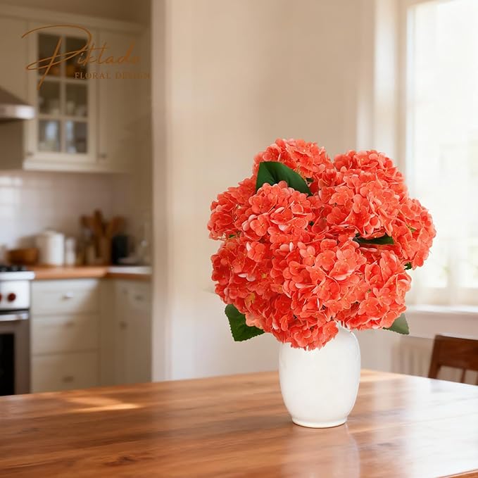 A Bunch 20in, Real Touch Hydrangea Artificial Flowers, with 5pcs Flower Head 8pcs Leaves, Faux Hydrangea Flowers for Home Office Decor Wedding Party Arrangements (1, Orange-red)
