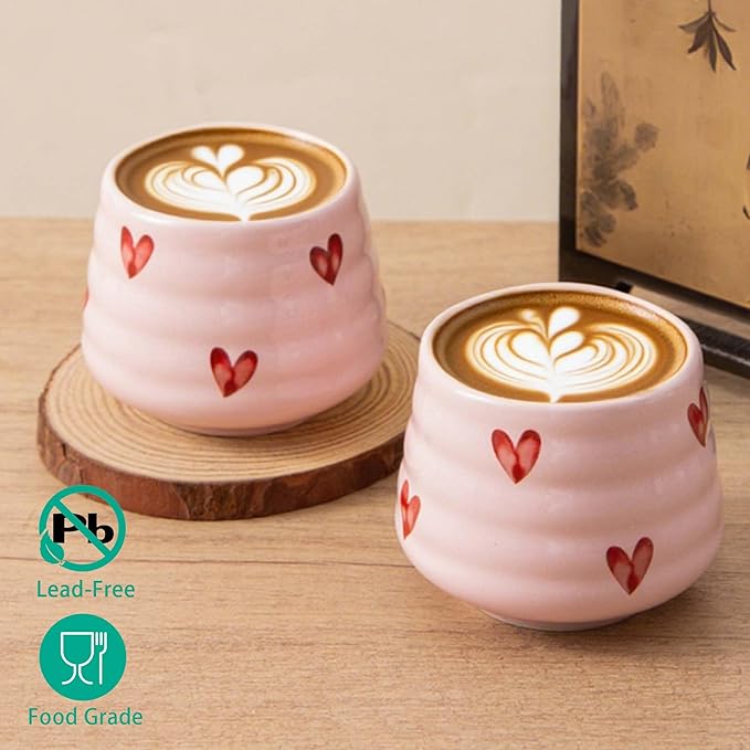 4pcs Japanese Tea Cup Set – Mini Size Cup 5OZ Ceramic Matcha Cup, Handless Espresso Cups, Cute Small Coffee Mugs for Coffee Tea Lovers, Dishwasher & Microwave Safe (Pink Love)