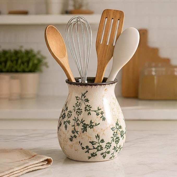 Utensil Holder, Vintage Ceramic Vase,Hand-Painted Flowers with Ice Crackle Glaze Finish, American Large Farmhouse Style Pitcher Vase for Charming Floral Arrangements and Home Decor(Beige)