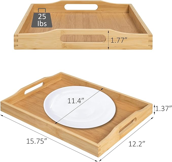 RRX Bamboo Food Serving Tray with Handles,Breakfast Bed Tray (Beige) | Wood Tray for Tea, Snack, Dinner, Home Decorative Storage Food, Platter, Ottoman for Kitchen Counter, Bathroom, Restaurant