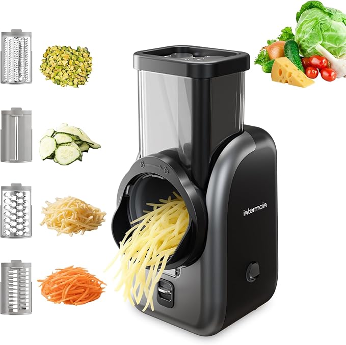 Electric Cheese Grater and Vegetable Slicer, 4 in 1 Salad Maker with Stainless Steel Blades, One-Touch Control Multifunctional Rotary Cutter for Potatoes Carrots Cucumbers Fruits Salad etc.